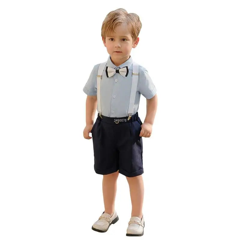 Toddler Boys Blue Shirt with Bow Tie and Striped Suspender Shorts Set