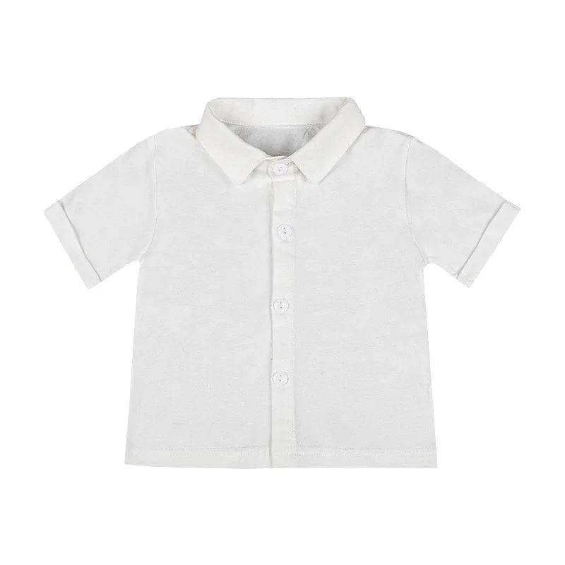 Toddler Boys Blue Shirt with Bow Tie and Striped Suspender Shorts Set