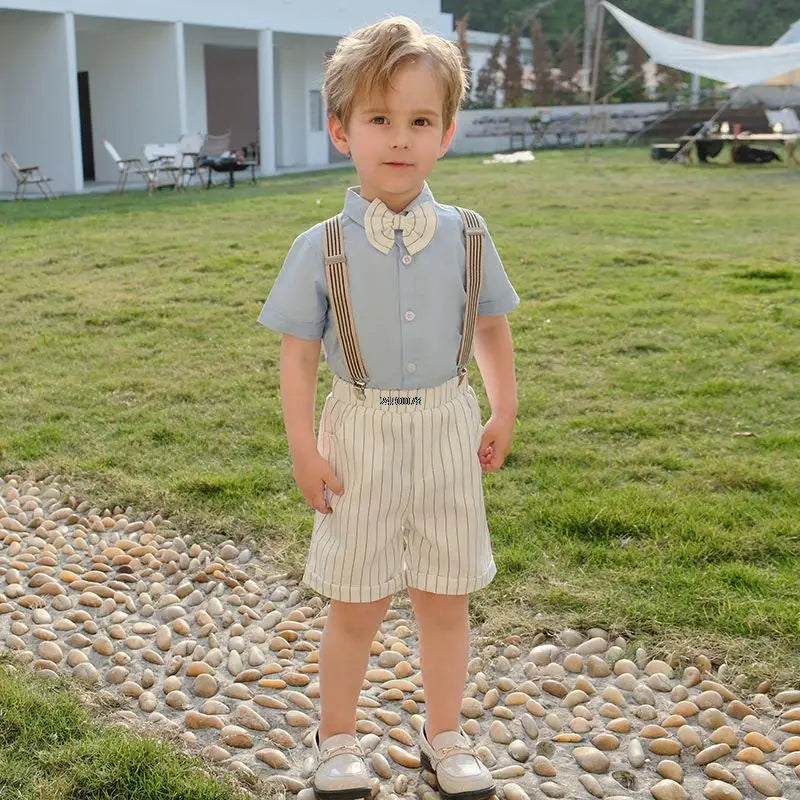 Toddler Boys Blue Shirt with Bow Tie and Striped Suspender Shorts Set