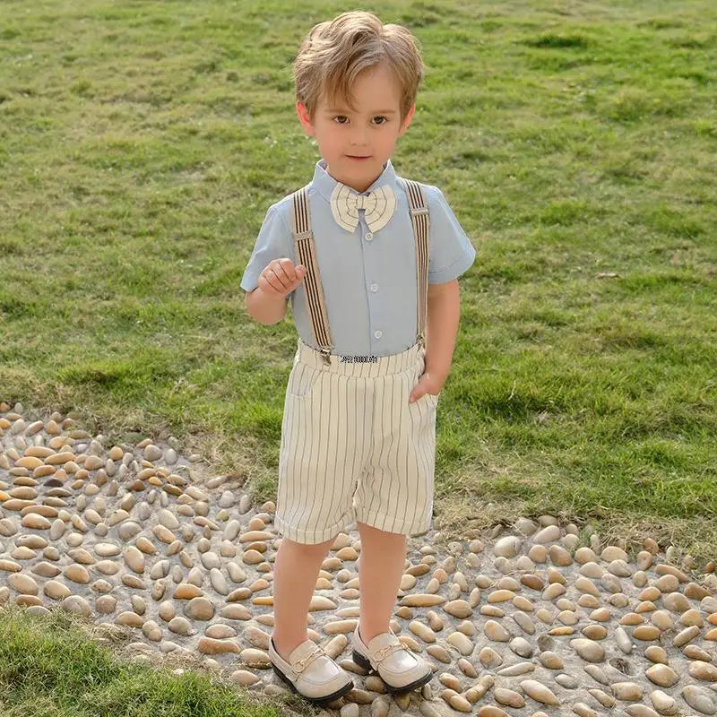 Toddler Boys Blue Shirt with Bow Tie and Striped Suspender Shorts Set