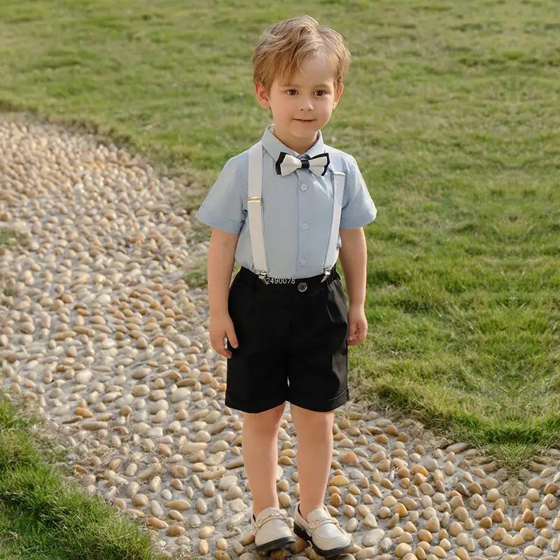 Toddler Boys Blue Shirt with Bow Tie and Striped Suspender Shorts Set