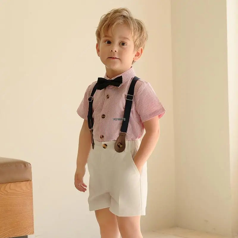 Toddler Boys Blue Shirt with Bow Tie and Striped Suspender Shorts Set