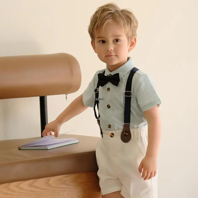 Toddler Boys Blue Shirt with Bow Tie and Striped Suspender Shorts Set