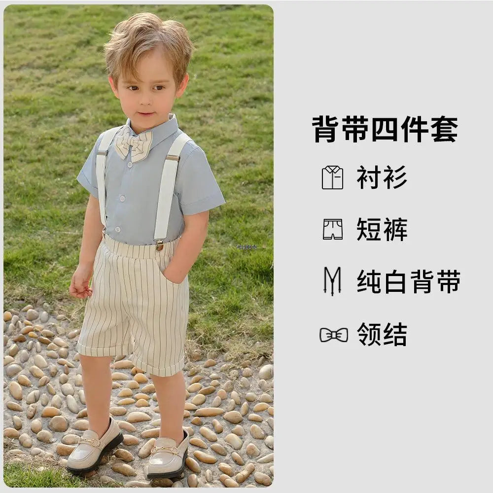 Toddler Boys Blue Shirt with Bow Tie and Striped Suspender Shorts Set