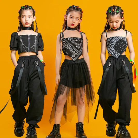 Girls Hip Hop Dance Costume Black Punk Rock Performance Outfit with Chains Straps and Bandana Print