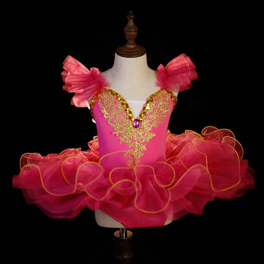 Elegante vestido de tutú para niñas con mangas con volantes y adornos dorados en varios colores. 