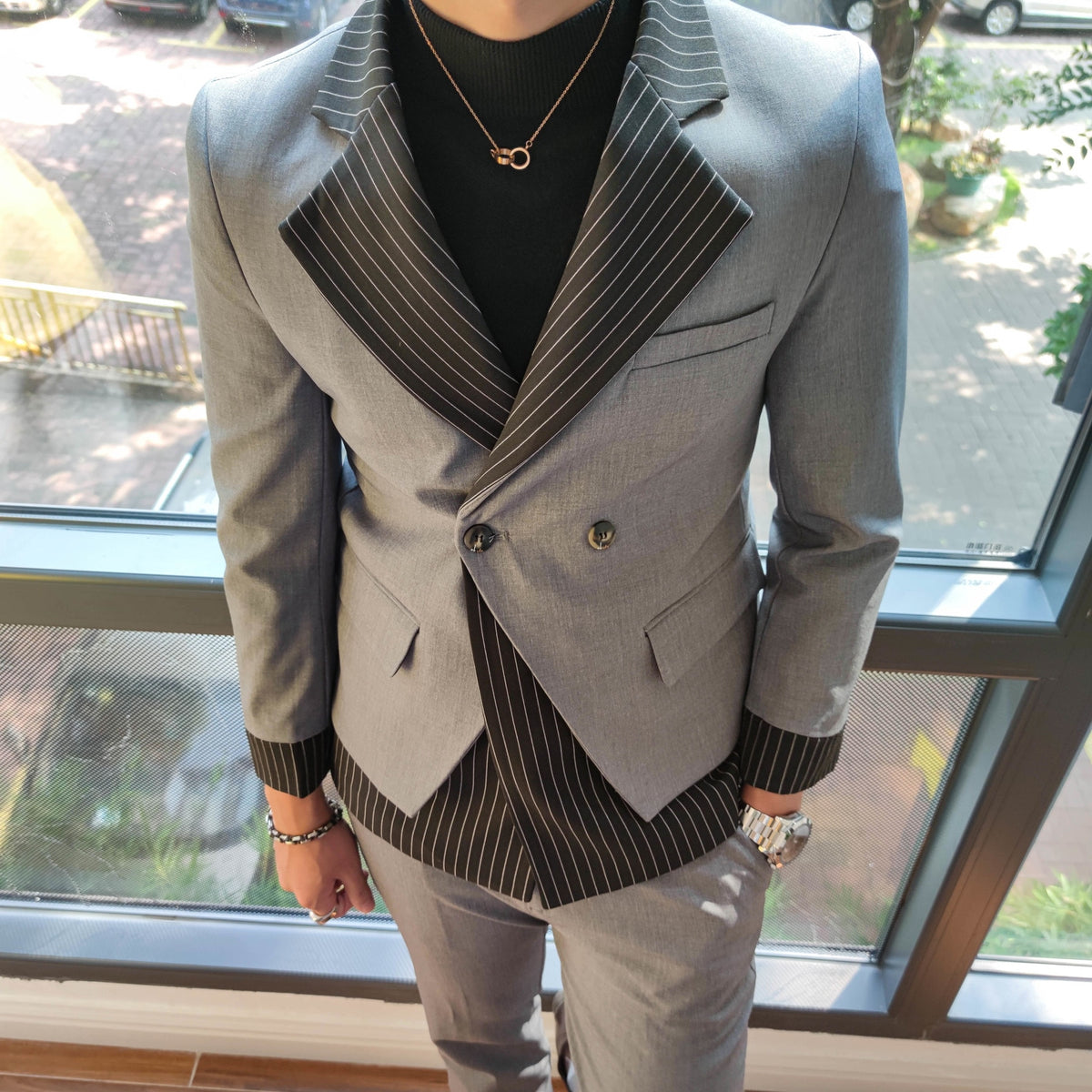Korean Patchwork Suit 2 Piece Suit Blazer Men Suit Set Slim Fit Tuxedo Suit Blazer Suit Men Stylish Blazer Stage Party Club
