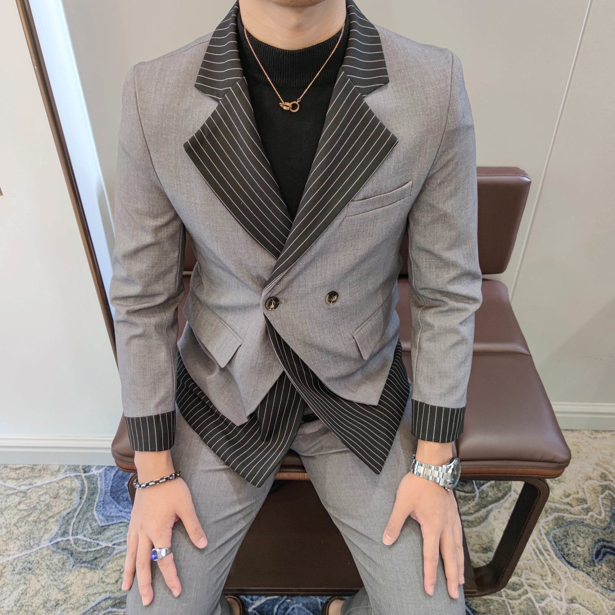 Korean Patchwork Suit 2 Piece Suit Blazer Men Suit Set Slim Fit Tuxedo Suit Blazer Suit Men Stylish Blazer Stage Party Club