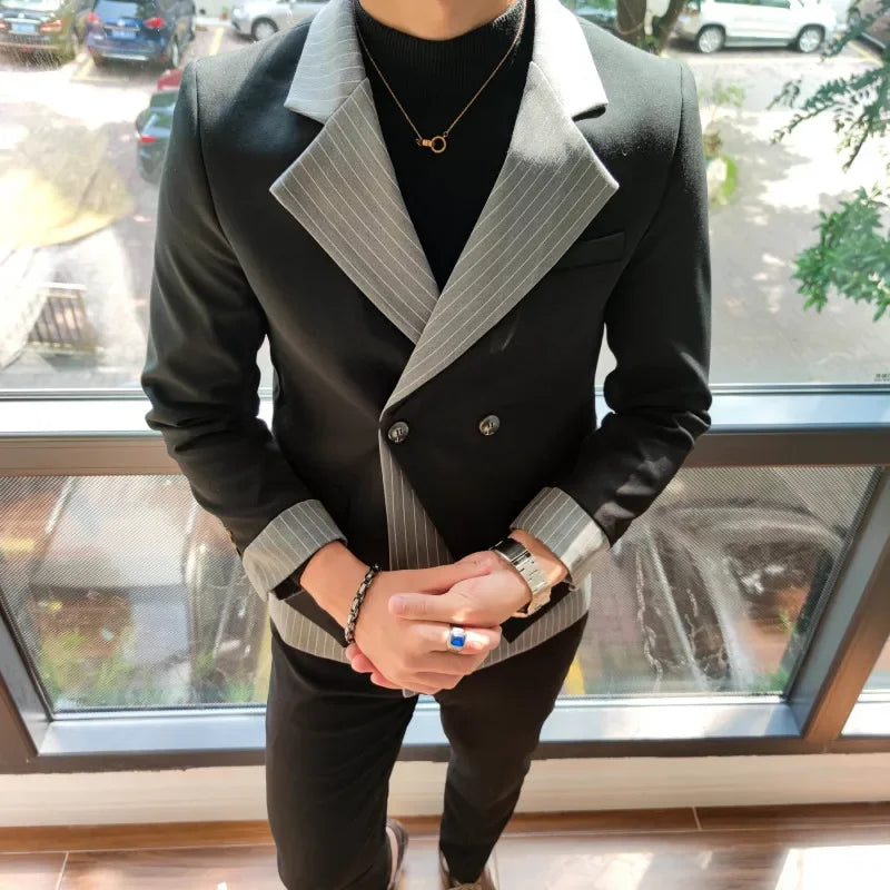 Blazer croisé à revers et rayures fines bicolores pour homme, coupe slim