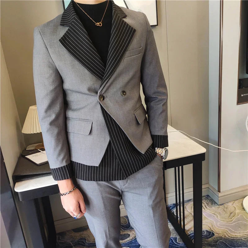 Mens Slim Fit Two Tone Pinstripe Lapel Double Breasted Blazer