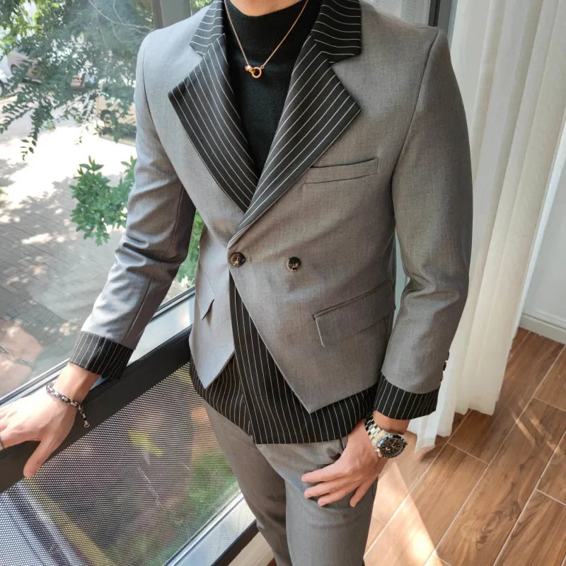 Mens Slim Fit Two Tone Pinstripe Lapel Double Breasted Blazer
