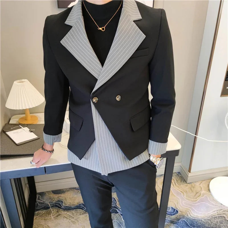 Mens Slim Fit Two Tone Pinstripe Lapel Double Breasted Blazer