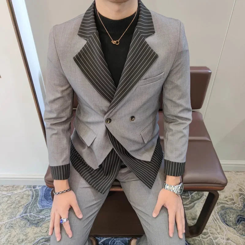 Mens Slim Fit Two Tone Pinstripe Lapel Double Breasted Blazer