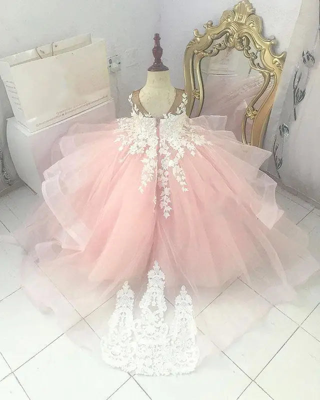 Vestido de princesa rosa con apliques de encaje y falda de tul para niñas