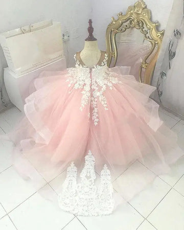 Vestido de princesa rosa con apliques de encaje y falda de tul para niñas