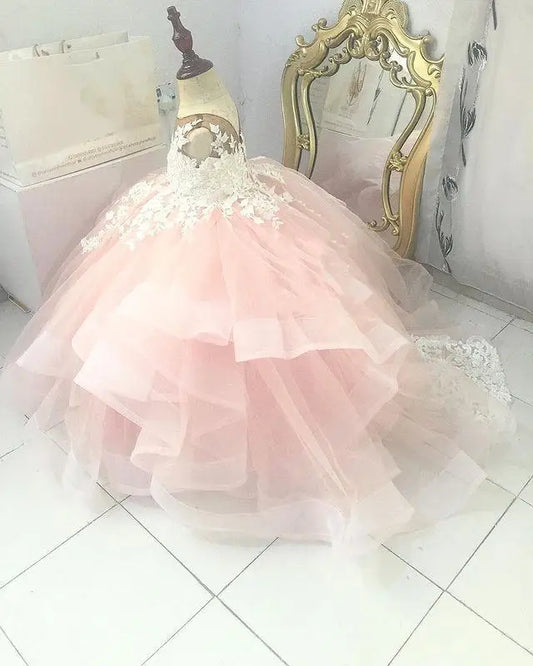 Vestido de princesa rosa con apliques de encaje y falda de tul para niñas