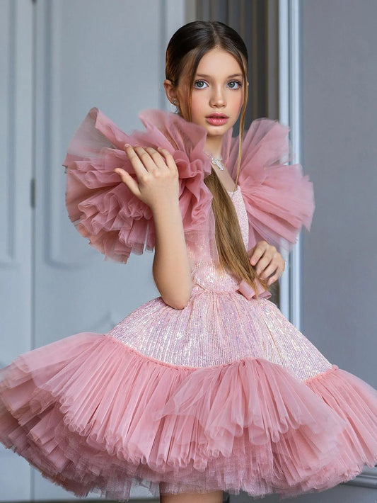 Girls Pink Tiered Tulle Dress with Sparkling Sequin Bodice and Ruffle Sleeves