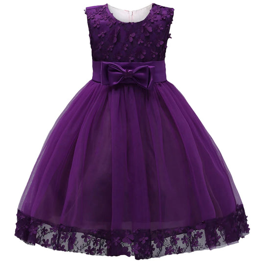 Sleeveless Burgundy Lace Flower Girl Dress with Bow and Floral Hem