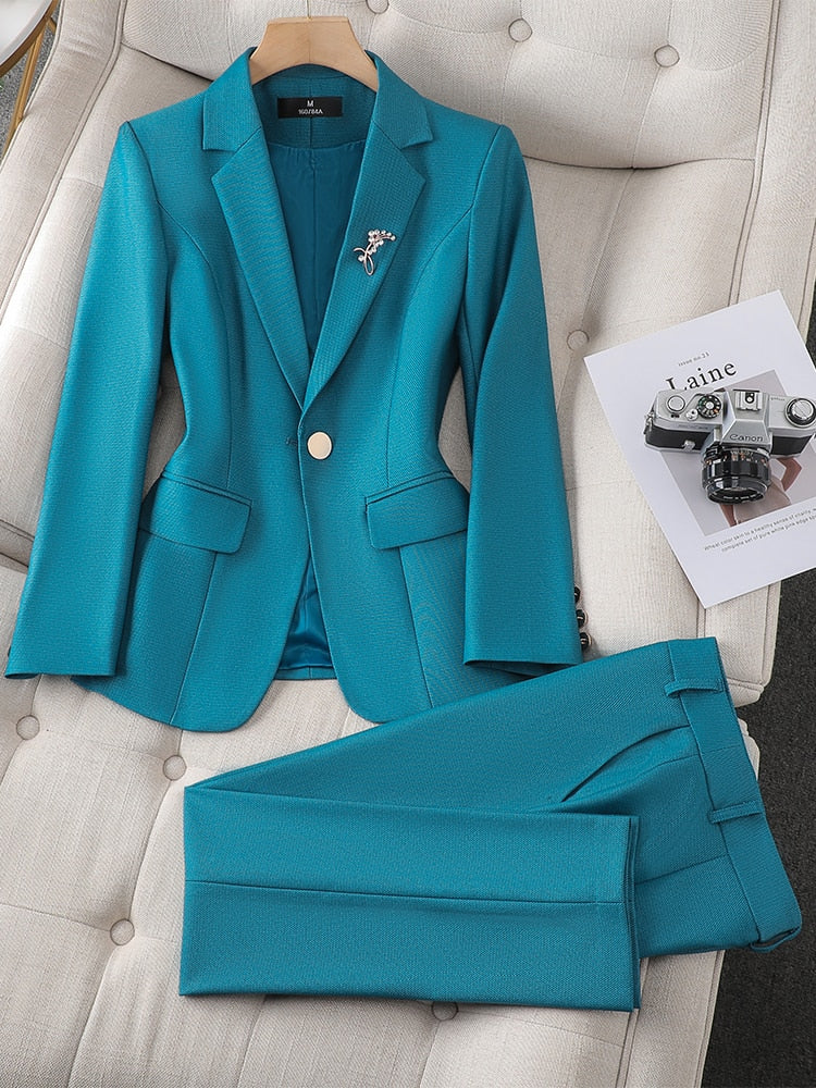 Ensemble 2 pièces blazer et pantalon pour femme, vert, violet, bleu, noir, uni, formel, tenue de travail 