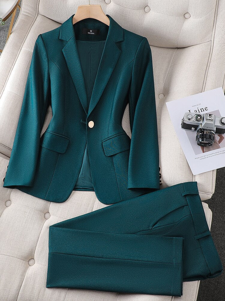 Ensemble 2 pièces blazer et pantalon pour femme, vert, violet, bleu, noir, uni, formel, tenue de travail 