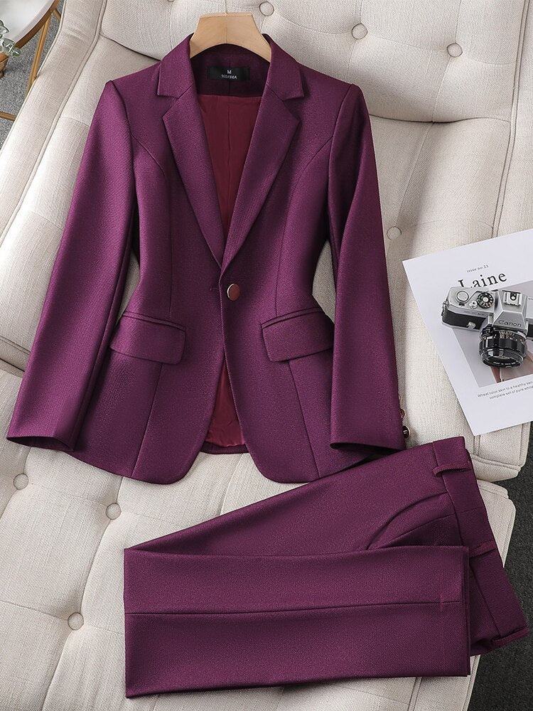 Traje de chaqueta y pantalón para mujer, color verde, morado, azul y negro, liso, formal, para trabajo de negocios, conjunto de 2 piezas. 