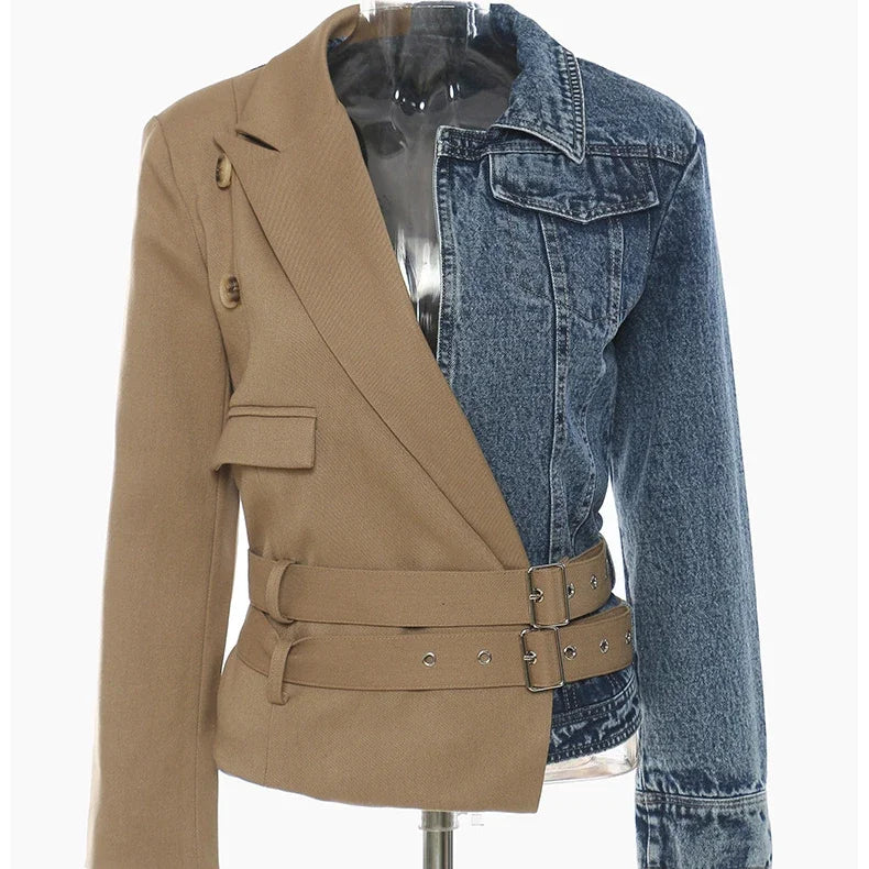 Veste de costume pour femme, jean, frit, personnalité de rue, fête d'anniversaire, couture courte, double ceinture, simple, femme 
