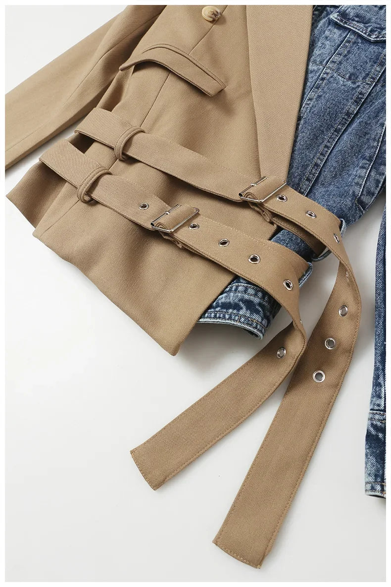 Veste de costume pour femme, jean, frit, personnalité de rue, fête d'anniversaire, couture courte, double ceinture, simple, femme 