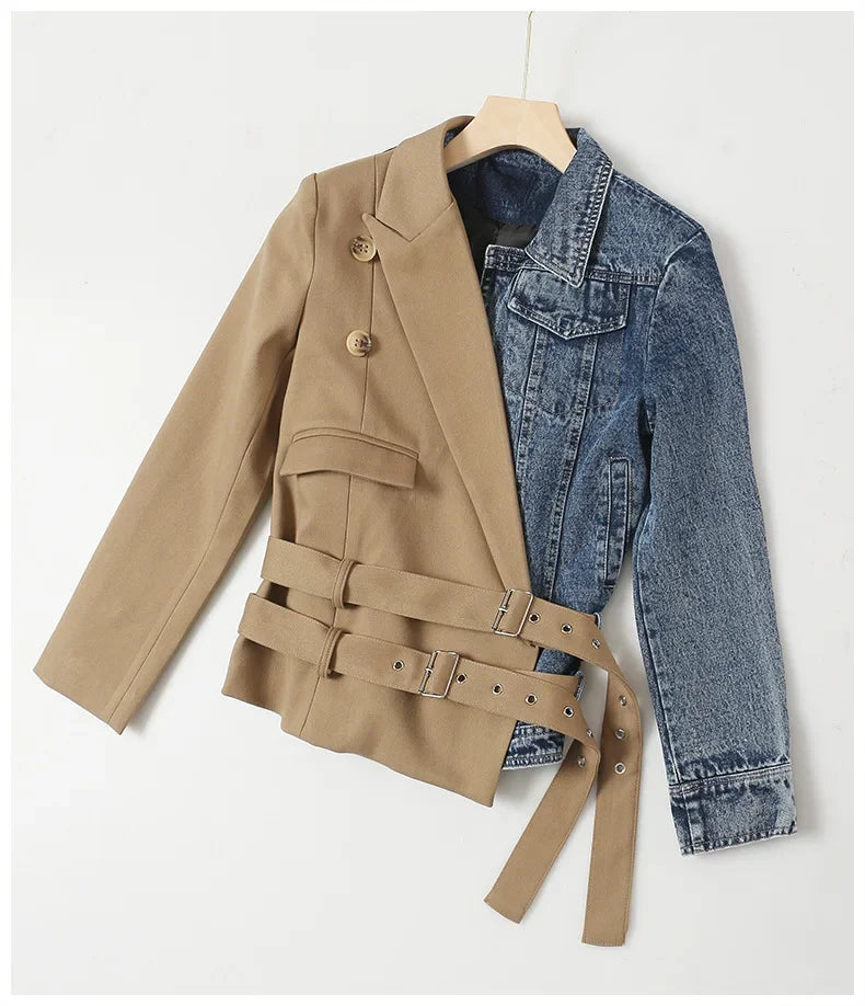 Veste de costume pour femme, jean, frit, personnalité de rue, fête d'anniversaire, couture courte, double ceinture, simple, femme 