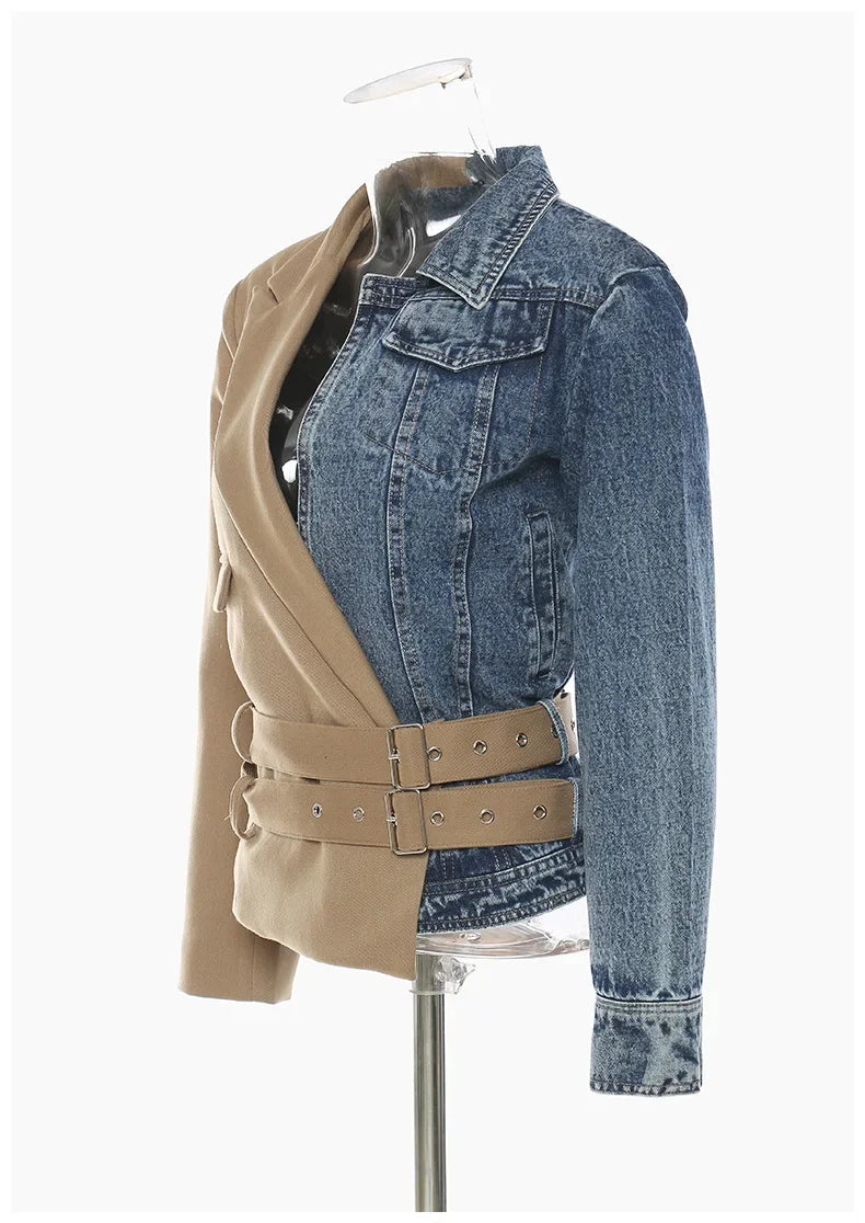 Veste de costume pour femme, jean, frit, personnalité de rue, fête d'anniversaire, couture courte, double ceinture, simple, femme 