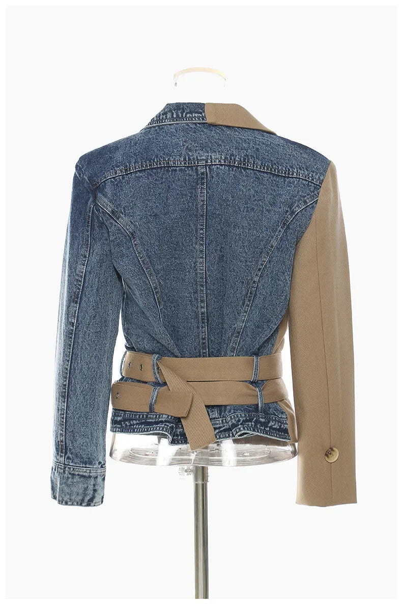 Veste de costume pour femme, jean, frit, personnalité de rue, fête d'anniversaire, couture courte, double ceinture, simple, femme 