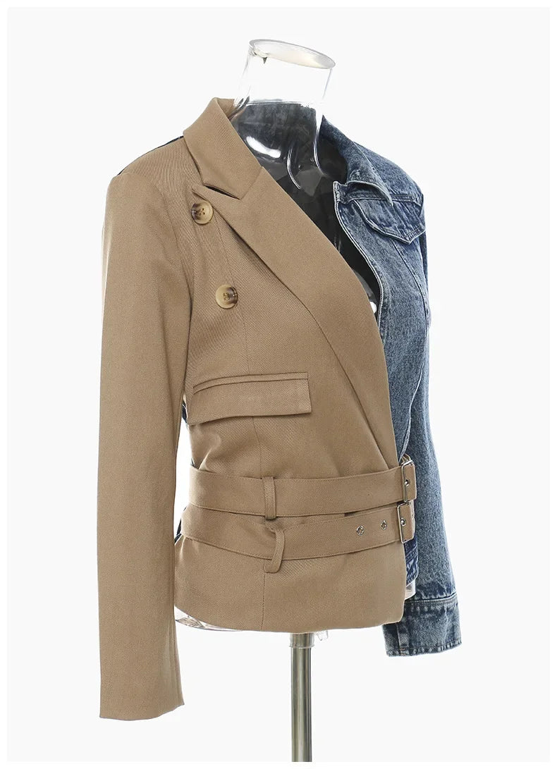 Veste de costume pour femme, jean, frit, personnalité de rue, fête d'anniversaire, couture courte, double ceinture, simple, femme 
