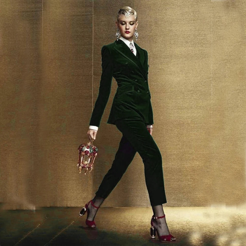 Ensemble 2 pièces en velours pour femme, blazer croisé et pantalon assortis pour bal de promo 