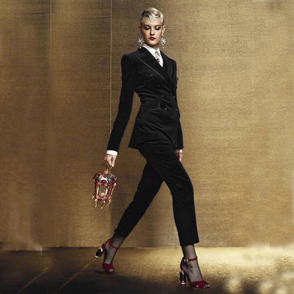 Ensemble 2 pièces en velours pour femme, blazer croisé et pantalon assortis pour bal de promo 
