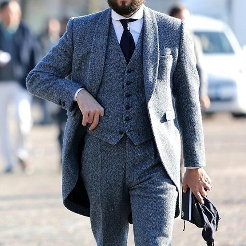 Herringbone Tweed Men Suit for Winner Plus Size 3 Pieces Groom Tuxedos Formal Wedding Suits
