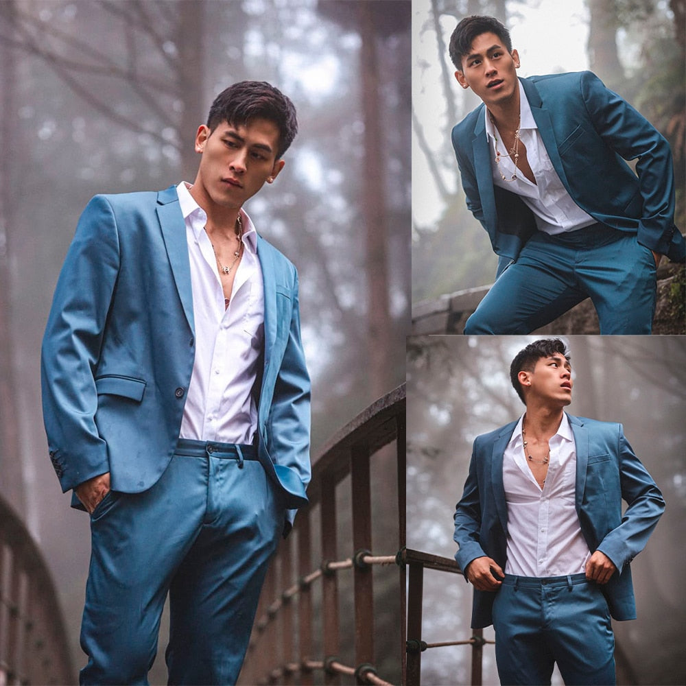 Trajes de negocios azules para hombre, un botón, dos piezas, chaqueta y pantalón, diseño a medida, para bodas, fiestas y ocasiones formales. 