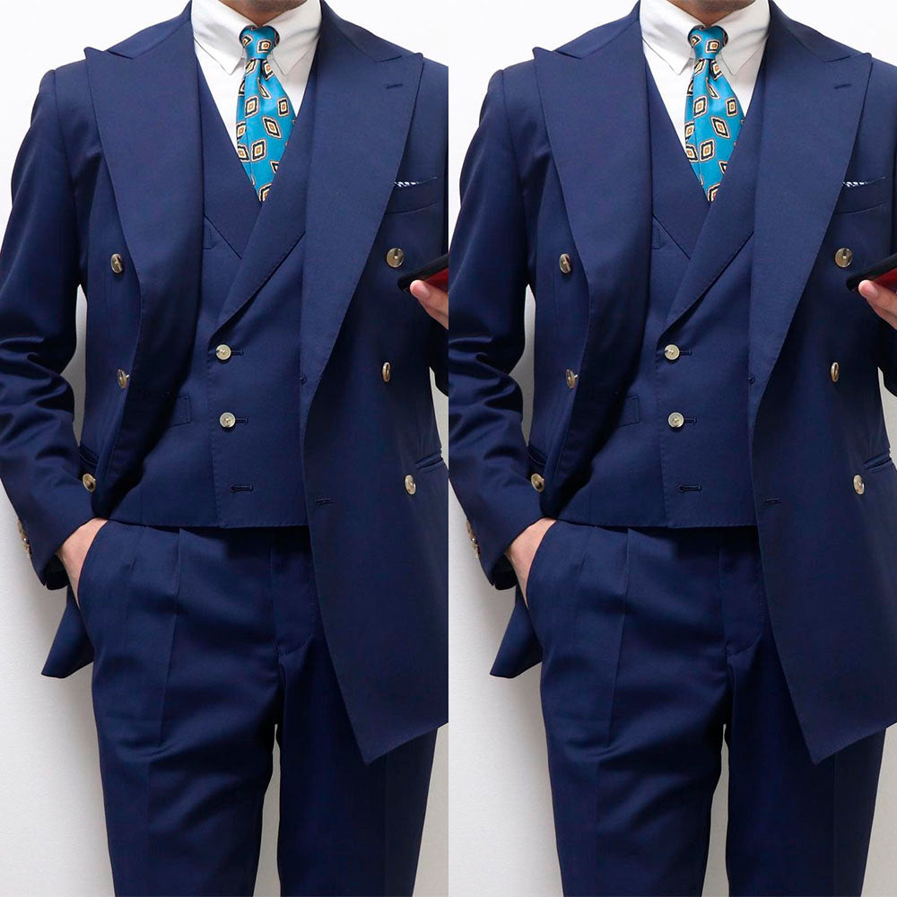 Costume d'affaires classique bleu foncé pour homme, avec veste trois pièces, gilet et pantalon, sur mesure, pour mariage, occasion formelle 