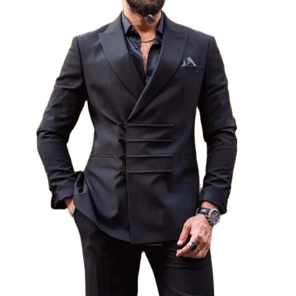 Trajes de hombre de diseño moderno, color negro liso, con solapas de pico, informales, para negocios, para boda, novio, esmoquin, blazer de 2 piezas con pantalones.