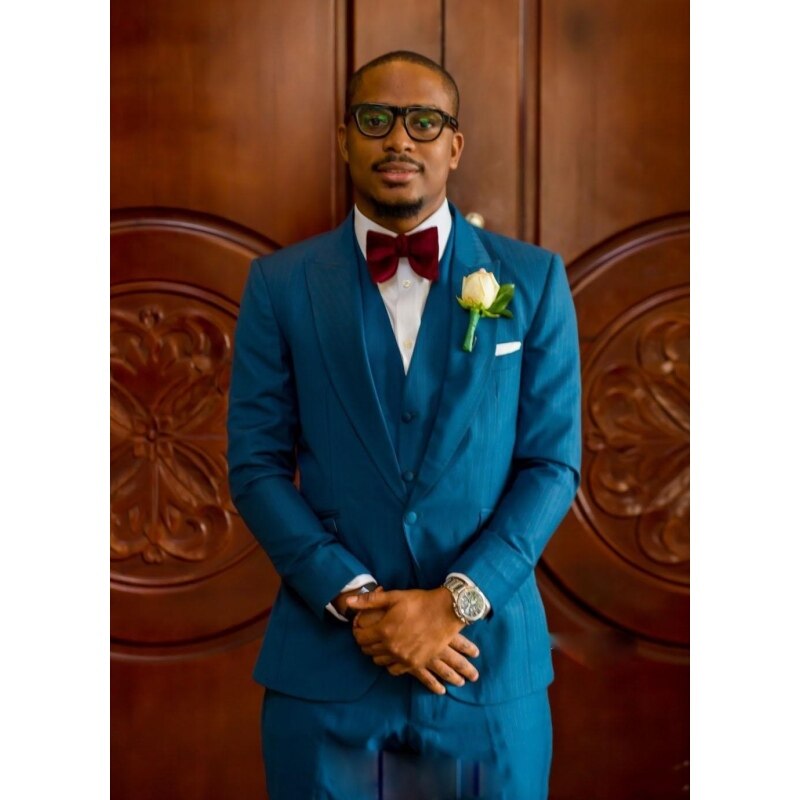 Blue Groom Tuxedos Peak Lapel Men Wedding Tuxedos Man Jacket Blazer 3 Piece Suit(Jacket+Pants+Vest+Tie)