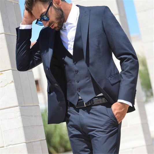 Blue Men Suits Custom Made Terno Slim Fit Costume Homme Blazer Dress 3 Pieces (Jacket+Pant+Vest)