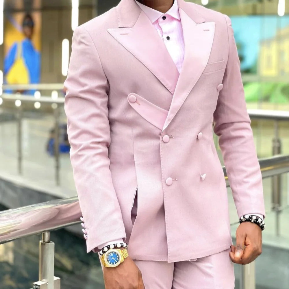 Men Suits Pink Peak Lapel Double Breasted Male Blazer Business Casual Wedding Tuxedo Suit Slim