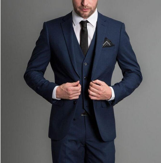Trajes de novio azul marino para boda, fiesta, graduación, esmoquin de novio, 3 piezas, chaqueta, pantalón, chaleco y corbata, hechos a medida. 