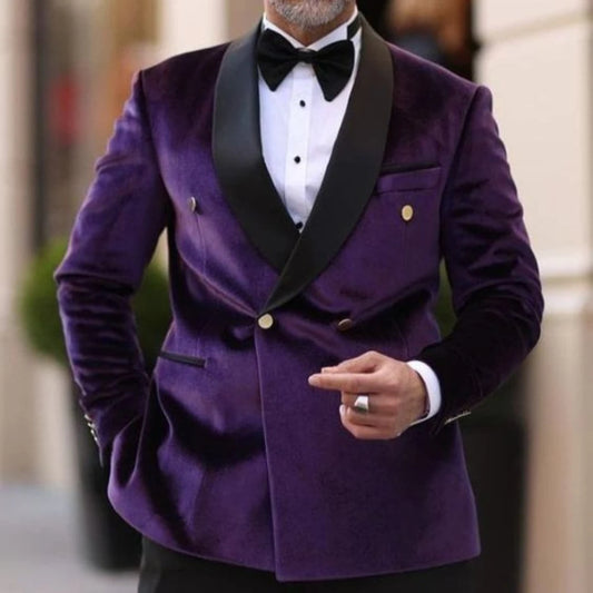 Latest Design Velvet Men Blazer Purple 1 Piece Fashion Shawl Lapel Wedding Tuxedo Jacket Slim Fit Prom Party Dinner Blazer