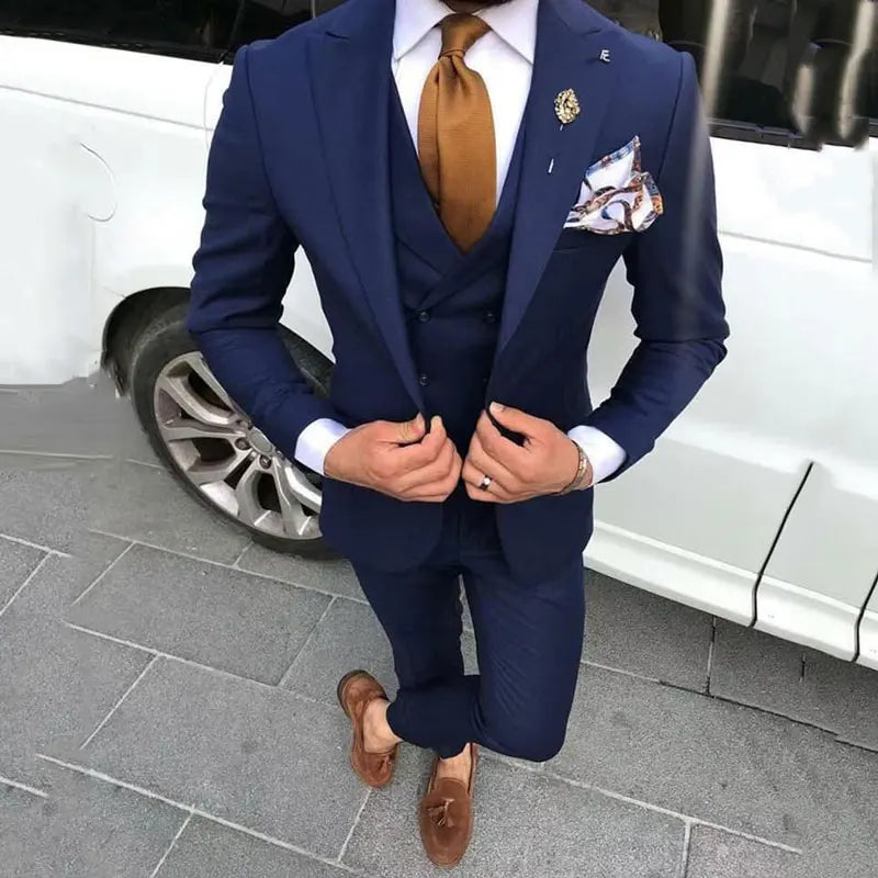 Trajes de hombre azul marino para boda, graduación, blazer, esmoquin de novio, traje de 3 piezas para hombre 