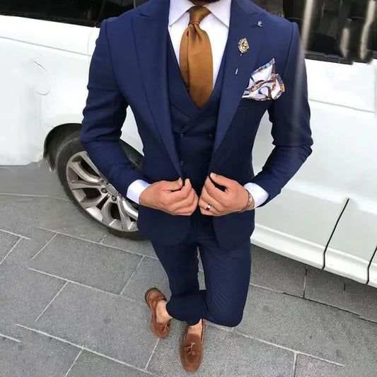 Trajes de hombre azul marino para boda, graduación, blazer, esmoquin de novio, traje de 3 piezas para hombre 