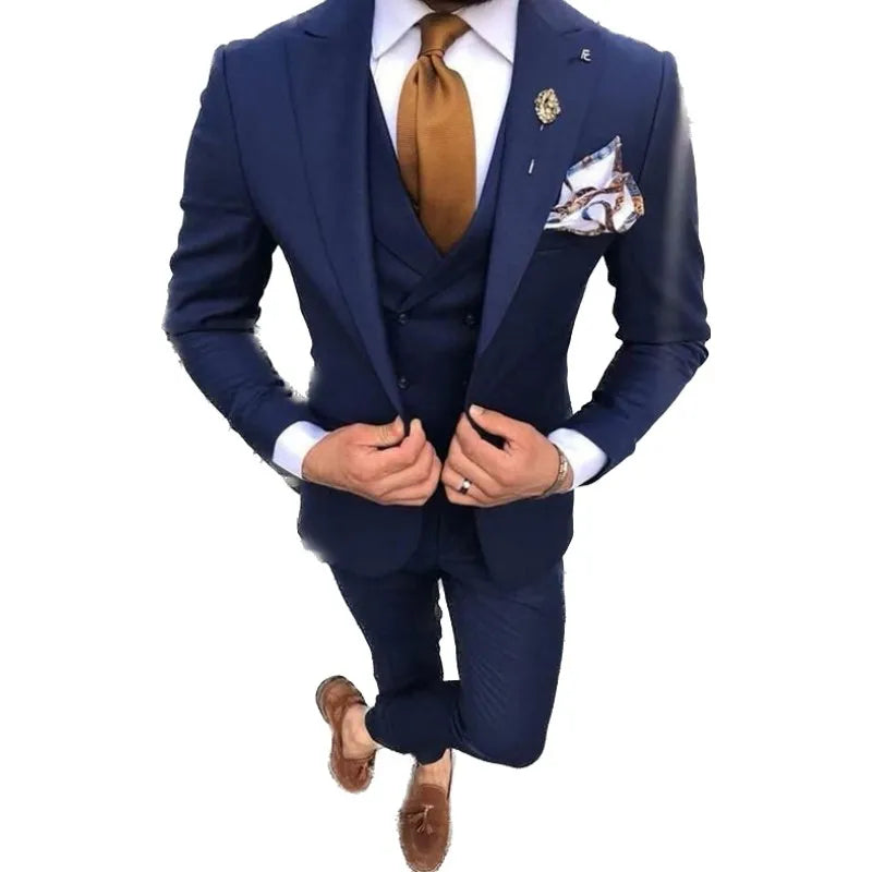 Costume bleu marine pour homme, blazer, smoking, costume 3 pièces, pour mariage, bal de promo 