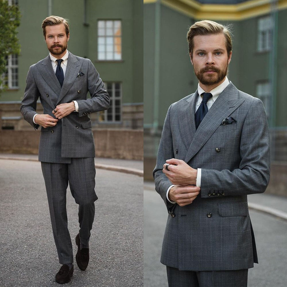 Costume gris pour homme avec deux pièces en treillis, slim, pour mariage, occasion formelle, smoking, veste et pantalon 