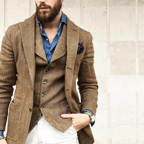 Groom Wear Best Man Wear Tweed Herringbone Tuxedos Wedding Dress Prom Dresses Business Suit 3Piece suit(Jacket+Pant+Vest)