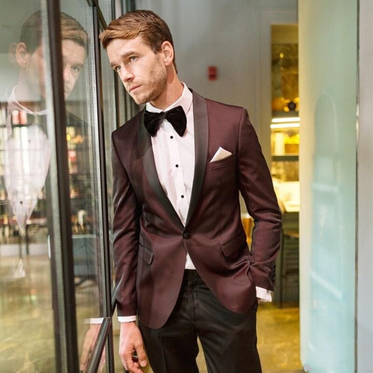 Men Suits Burgundy Wine Red Suits 2 Pieces One Button Groom Wedding Formal Tuxedos Custom Made Business