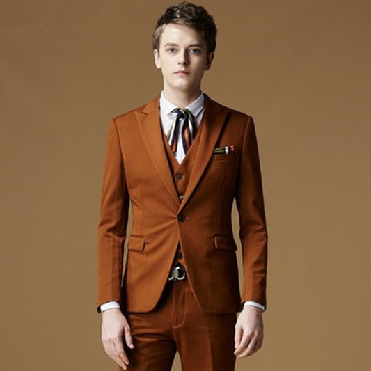 Men Suit Brown 3Pieces(Jacket+Pants+Vest+Tie) Tuxedos One Button Slim Fit Best Man Suit