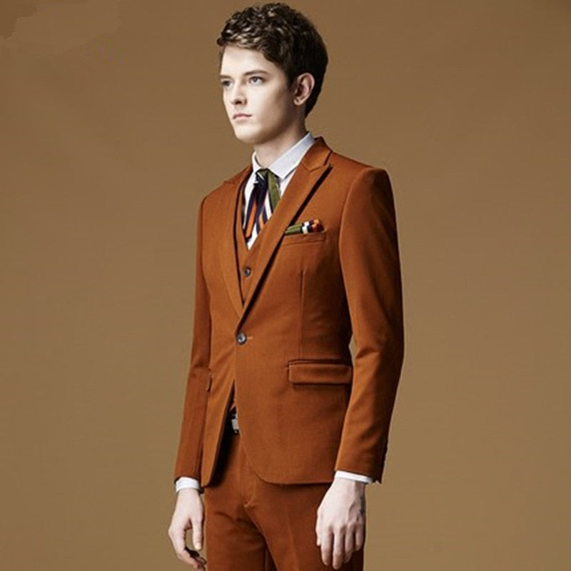 Men Suit Brown 3Pieces(Jacket+Pants+Vest+Tie) Tuxedos One Button Slim Fit Best Man Suit